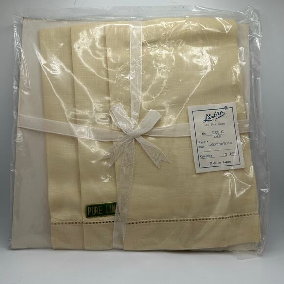Vintage Linbro Pure Linen 3 piece guest towel set gold NEW in box - Picture 2 of 4